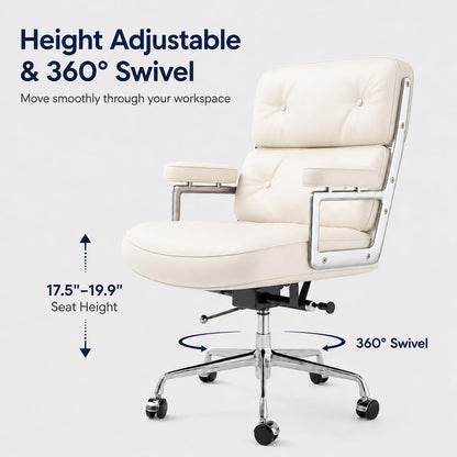 OTDMEL Home Office Chair with Top Grain Leather, Padded Armrests, Mid-Back Upholstered Executive Leather Desk Chair, Aluminum Frame, Adjustable Height, 360 Swivel, Rolling Wheels, 350lbs Capacity