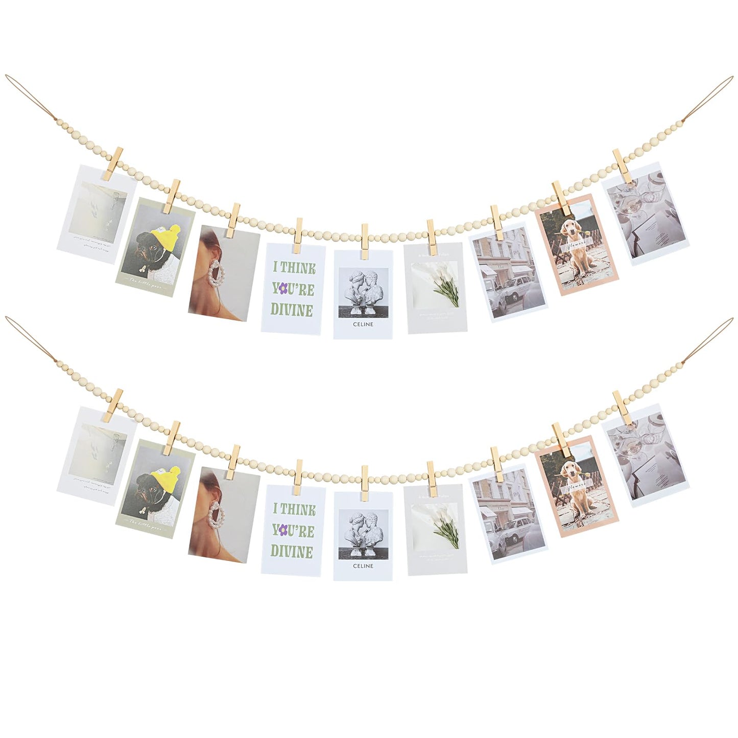 KLOGTSIND Hanging Photo Display Wall Decor, 2PCS Boho Wooden Bead Garland Collage Picture Frame with 9 Wood Clips for Bedroom, Living Room, Office, Dorm Decor, Photos Holder Teen Girl Gifts