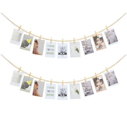 KLOGTSIND Hanging Photo Display Wall Decor, 2PCS Boho Wooden Bead Garland Collage Picture Frame with 9 Wood Clips for Bedroom, Living Room, Office, Dorm Decor, Photos Holder Teen Girl Gifts