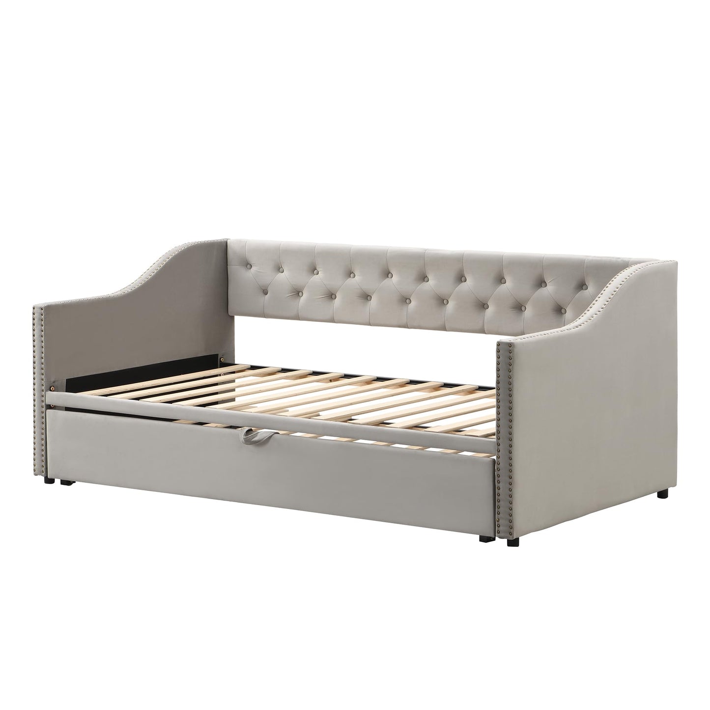 Merax Twin Size Upholstered Velvet Daybed with Pop Up Trundle, Multi-Functional Sofa Bed with Backrest and Two Armrest for Guest, Living Room, Gray