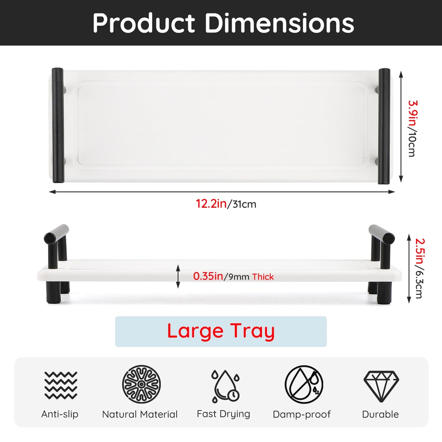 Segbeauty 12x4in Bathroom Tray, Absorbing Quick Dry Stone Drying Mat With Handle, Diatomaceous Sink Caddy Vanity Soap Organizer Holder, Kitchen Counter Bathroom Decor