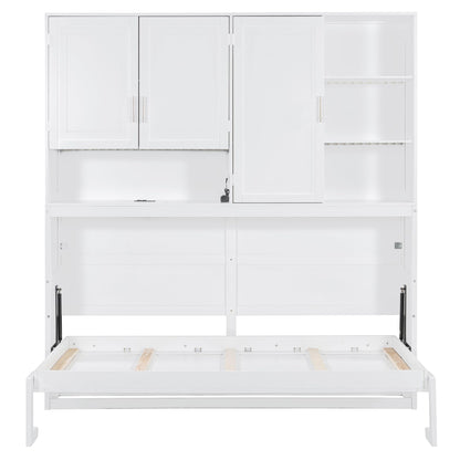 Ball & Cast Twin Size Murphy Bed,Foldable Wall Bed with Top Cabinet,Storage Shelves,Hidden Cabinet Bed Frame with Led Light and USB Port for Bedroom,Guest Room,Space Saving,No Box Spring Needed,White