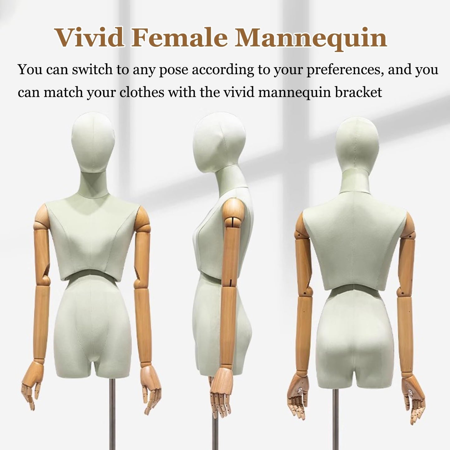 Premium Female Mannequin Rotatable Head/Torso, Solid Wood Arms Dress Form Sewing Mannequin , Heavy-Duty Adjustable Metal Base(Blue)