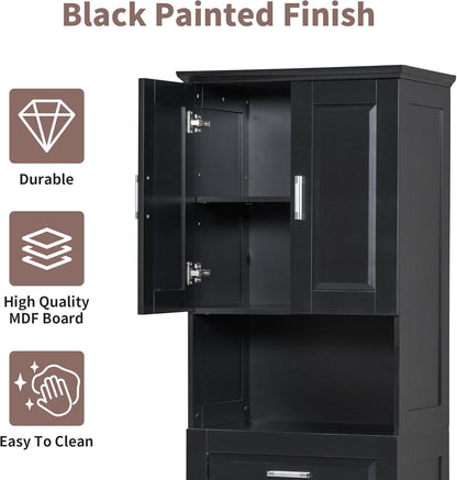 Virubi Laundry Cabinet with Tilt Out Laundry Hamper and Drawer, Wood Tall Bathroom Storage Cabinet with Doors and Adjustable Shelves, Freestanding (Black)