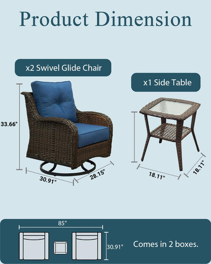 SAILARY Patio Furniture Set, 3PCS Outdoor Wicker Conversation Set Porch Furniture with 6" Thick Cushions, High Back Swivel Chairs, Weather Resistant Olefin Fabric for Garden, Poolside, Navy Blue
