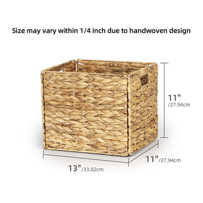 WEAVELYRICS Rectangular Storage Baskets 13x11in, 4 Pack Water Hyacinth Wicker Bins with Handles, Foldable Natural Organizer for Shelves Kitchen Closet, Handwoven Storage Cubes