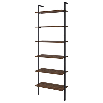 Coaster Home Furnishings - Owens - Wood and Metal - 6-Shelf Wall Mounted Bookshelf with Ladder Design and Transitional Style - Home Office & Living Room - 96-Inch - Walnut & Black - 980072