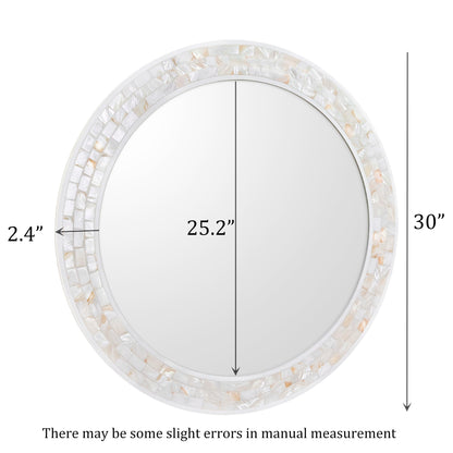 DUQIMO Mosaic Mirrors for Wall 30 Inch, Natural Mother of Pearl Inlay White Framed Round Mirror for Bathroom, Bedroom or Entryway