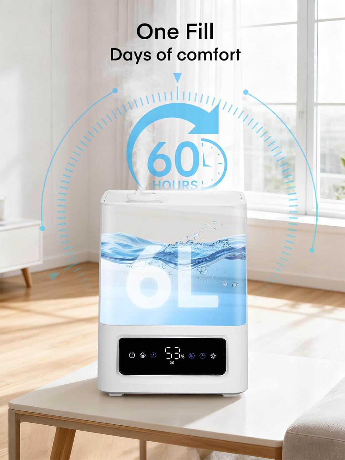 6L 60H 28dB 16H FOHERE Humidifiers for Bedroom, Cool Mist Humidifier for Large Room, Ultra-Quiet Runtime for Baby