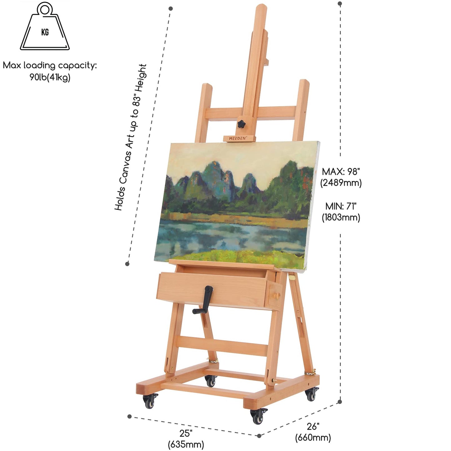 MEEDEN Art Painting Easel: Professional Crank Easel - Heavy Duty Beech Wood Studio H Frame Stand - Height Adjustable 71" to 98"