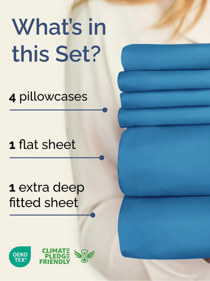 Skiennix Extra Deep King Sheet Set - 6 Piece Breathable Cooling Bedding - Soft Wrinkle-Free Denim Blue