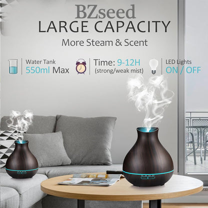 BZseed Aromatherapy Essential Oil Diffuser 550ml 12 Hours Wood Grain Aroma Diffuser with Timer Cool Mist Humidifier for Large Room, Home, Baby Bedroom, Waterless Auto Shut-off,7 Colors Lights Changing