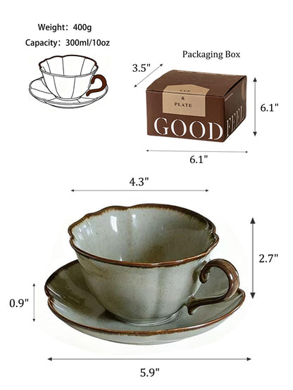 SHIIANN Ceramic Coffee Cup and Saucer Set – 10oz Kiln-Glazed Teacup with Saucer, Handmade Ceramic Mug Set for Coffee, Tea, Cappuccino, or Latte