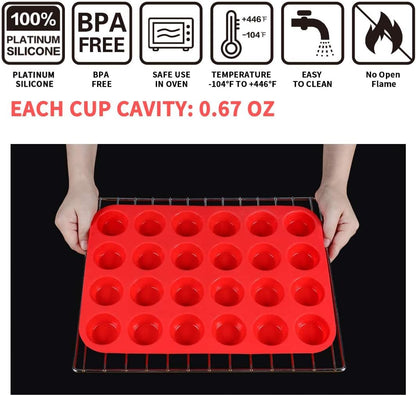 Mini Muffin & Cupcake Set, 24 Cups Nonstick Silicone Baking Pan, BPA Free, Dishwasher Safe, 2 Pieces (Red)