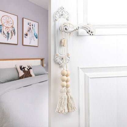 Garneck 4pcs Natural Cotton String Tassel Wood Beads, Handmade Wooden Pendant for Closet Door Handle Decor