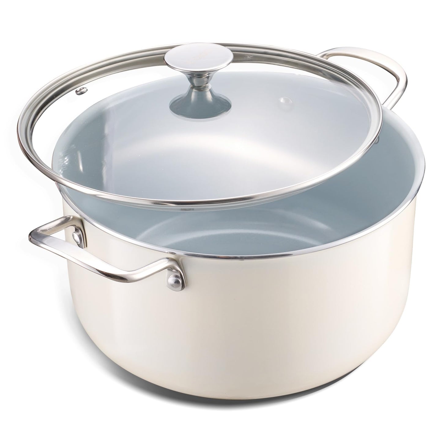 Ceramic Nonstick Stock Pot with Lid 8 QT Large Induction Cooking Pot with Stainless Steel Handles, Non Toxic Soup Pot for Stews, Oven & Dishwasher Safe, Cream White