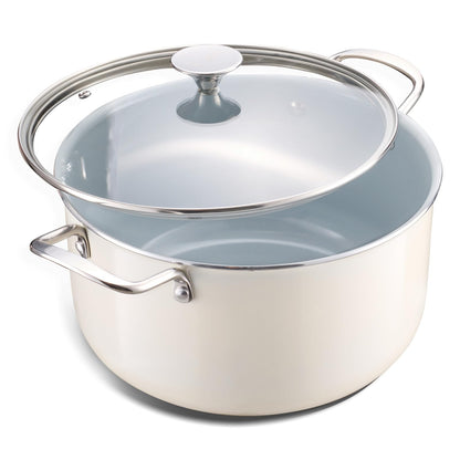 Ceramic Nonstick Stock Pot with Lid 8 QT Large Induction Cooking Pot with Stainless Steel Handles, Non Toxic Soup Pot for Stews, Oven & Dishwasher Safe, Cream White