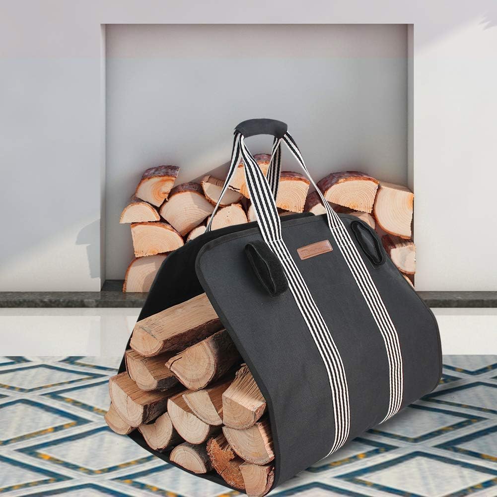 Heavy Duty Indoor Firewood Log Carrier Tote, Oxford Canvas Fabric, Foldable with Padded Handles, Large Capacity