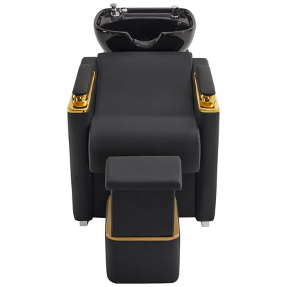 BarberPub Backwash Shampoo Station Chair with Porcelain Ceramic Hair Wash Bowl, Vacuum Breaker, Professional Black&Gold Shampoo Chair for Salon and Spa 8613 (Black)