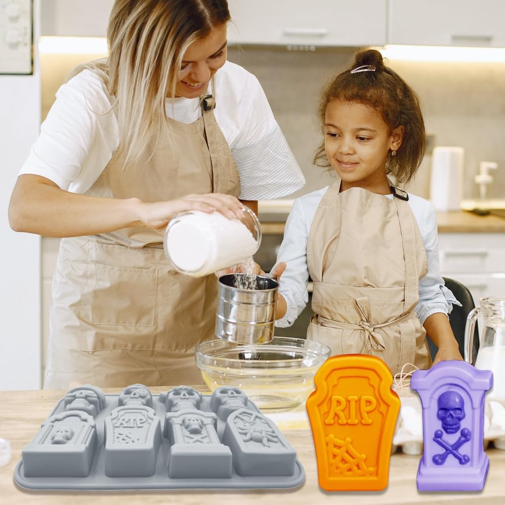 Halloween Chocolate Mold Silicone, 2pcs Skull and Tombstone Cavity Candy Gummy Mold for Baking Desserts