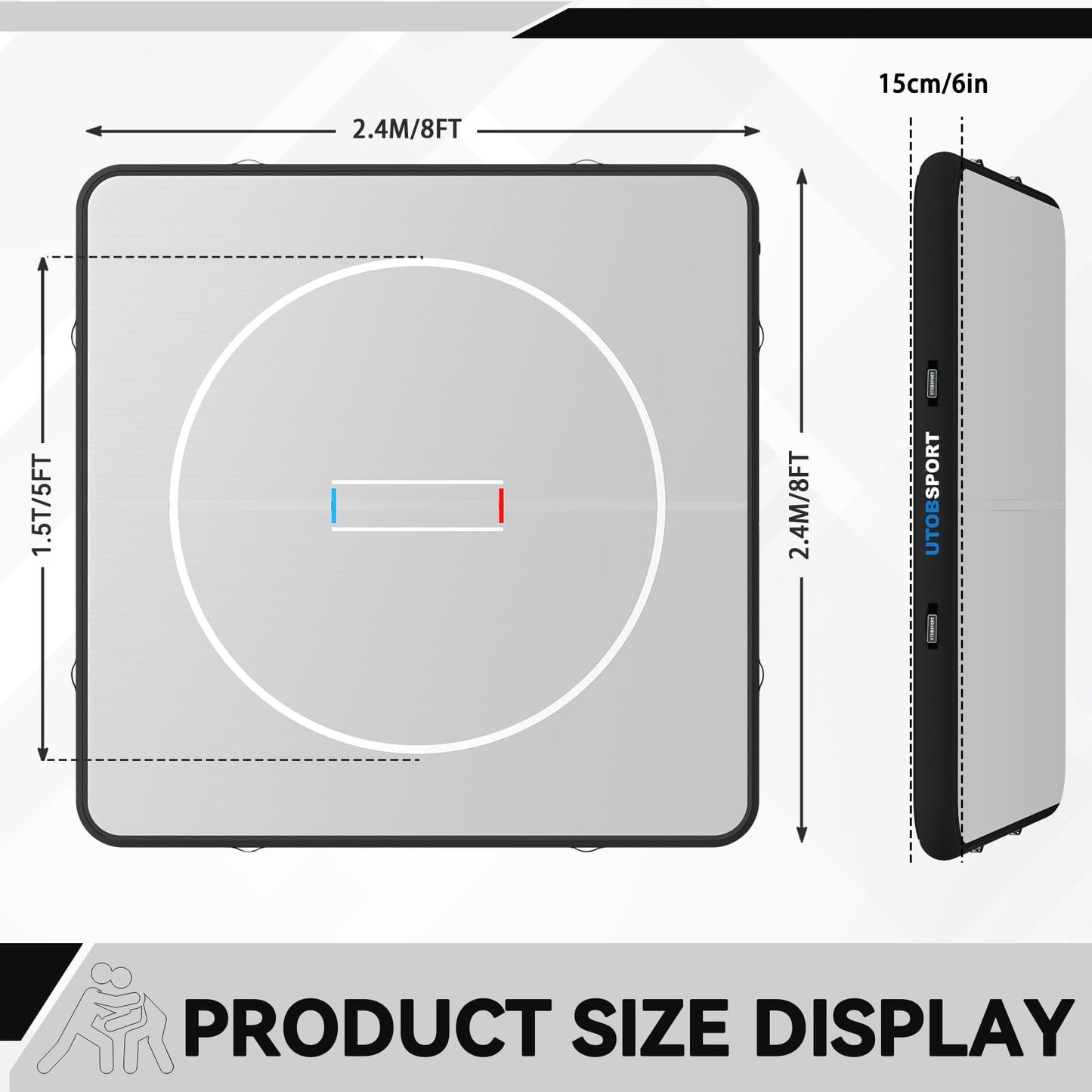Inflatable Wrestling Mat 8x8FTx6"Thick, Jiu Jitsu Mats, PVC Landing Training Mat Foldable for Home Gym BJJ, MMA, Martial Art, Boxing, Grappling and Judo (Grey Black)