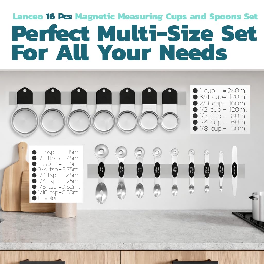 Magnetic Measuring Cups and Spoons Set of 16 - Stackable Stainless Steel Magnetic Measuring Spoons Set with Leveler - Dual Marking Scale Measuring Cup for Dry and Liquid Ingredients (Black)