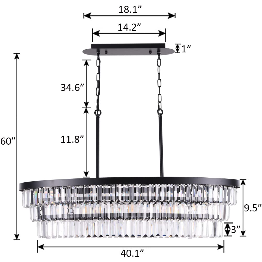 TOCHIC Chandelier 40 inch, Farmhouse Black Crystal Chandelier, Kitchen Island Lighting, Dining Room Light Fixture for High Ceiling, Modern Linear Oval Chandeliers for Living Room, Office Area, Bar