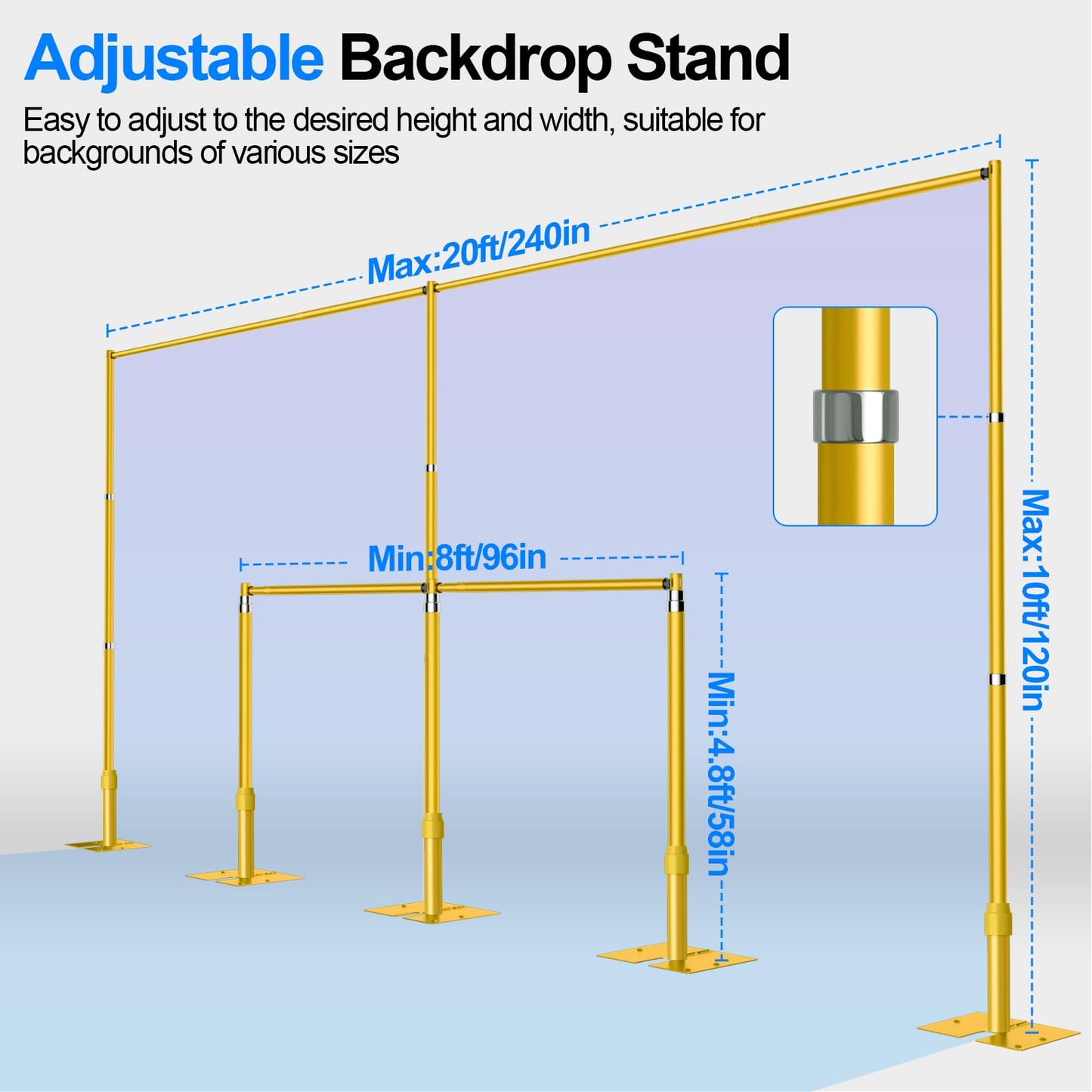 GLOSHOOTING Heavy Duty Backdrop Stand 10x20ft, Pipe and Drape Backdrop Stand Kit, Adjustable Metal Frame, Background Stand Back Drop for Wedding Birthday Party Decorations-Gold
