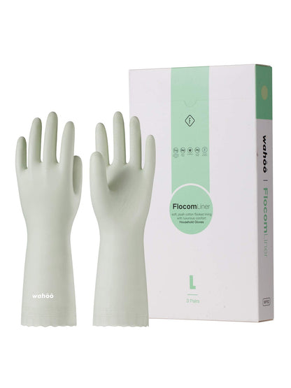 LANON 3 Pairs wahoo Skin-Friendly Cleaning Gloves, Dishwashing Kitchen Gloves with Cotton Flocked Liner, Reusable, Non-Slip, Canary Green, Medium
