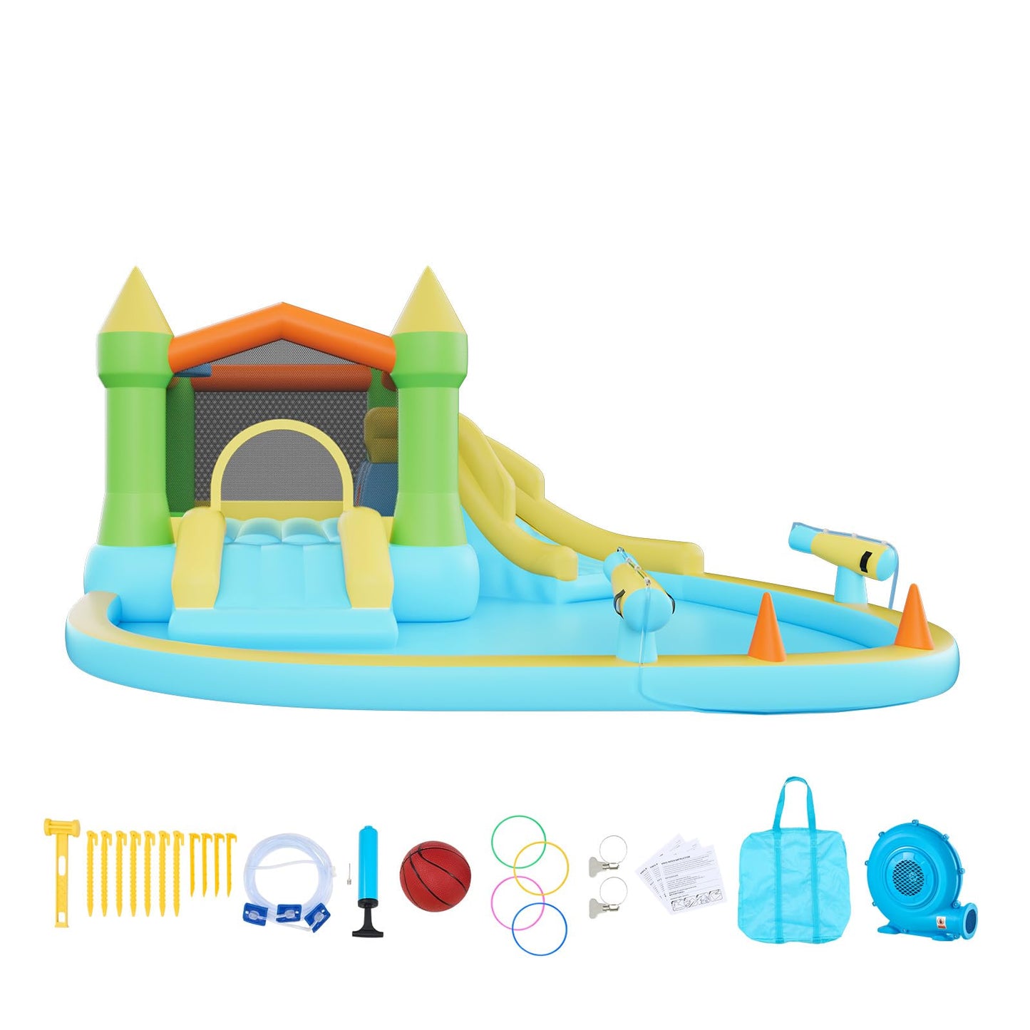 VEVOR Bounce House for Kids, Inflatable Bounce House with Air Blower, Water Slide, Bouncer Castle with Castle Bounces, Basketball Hoop, Splash Pool & Water Ring Toss, for 3 to 4 Kids Ages 3 to 8