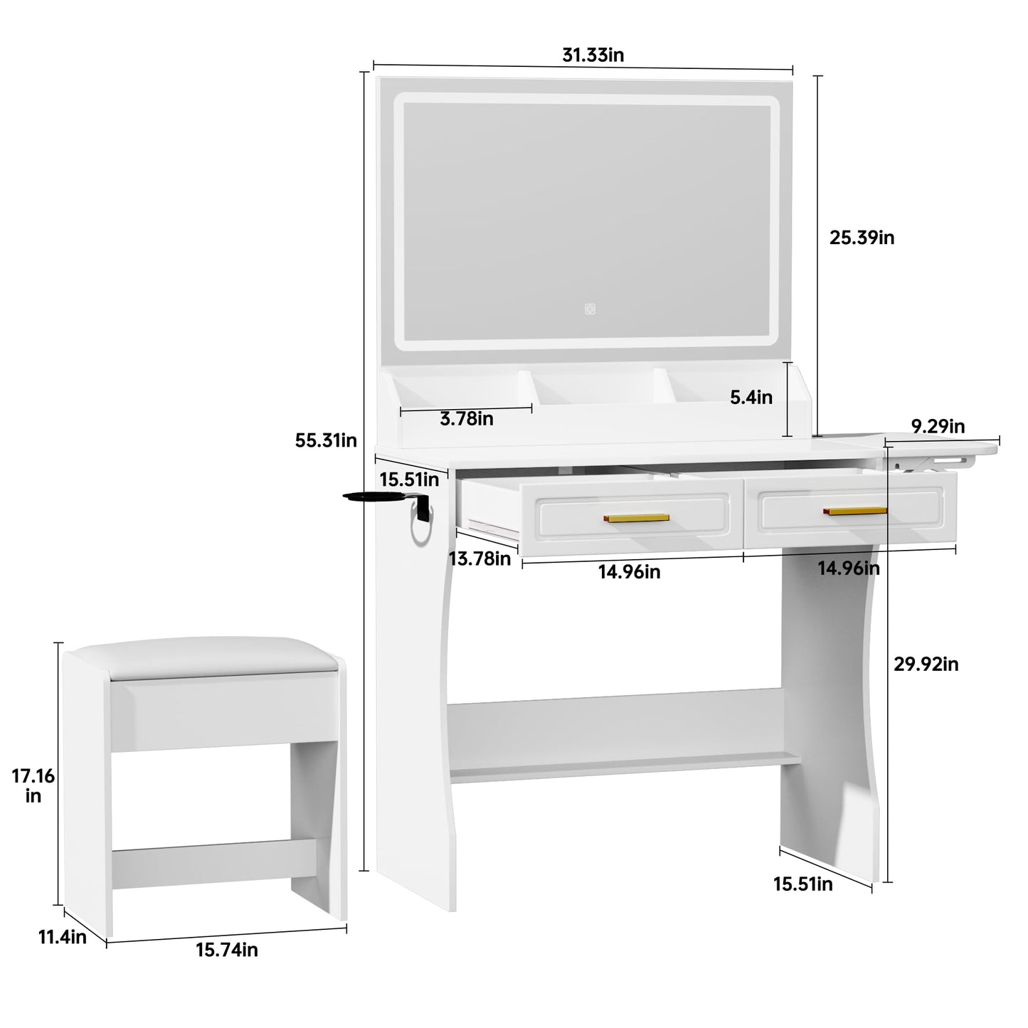 homesflex HMVD01-TES Modern White Makeup Vanity Desk with Adjustable Lights, Mirror, and Storage - Complete Vanity Set with Drawers, Shelves, and Stool