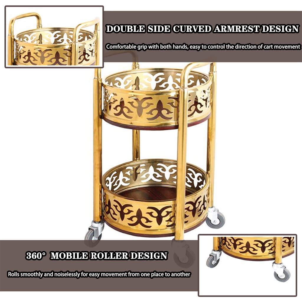 FGQuelleBM 2-Tier Serving Cart with Ornate Cut-Out Design, Mobile Beverage Cart Features Dual Handles, Crafted from Stainless Steel and Wood(Gold)