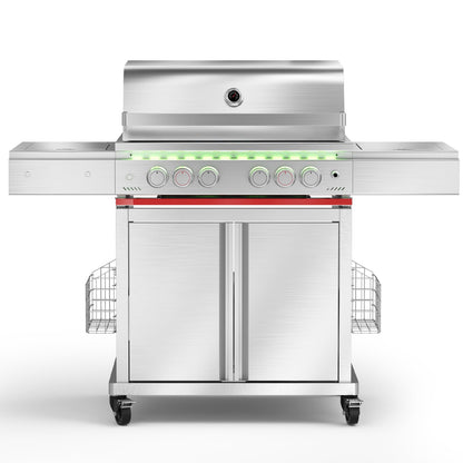 Electactic Heavy-duty Propane Gas Grill, SUS304 Stainless Steel 6-Burner BBQ Grill with 4 Main Burners, 1 Infrared Rear Burner, 1 Side Burner and LED Lights, High Performance Outdoor Grilling