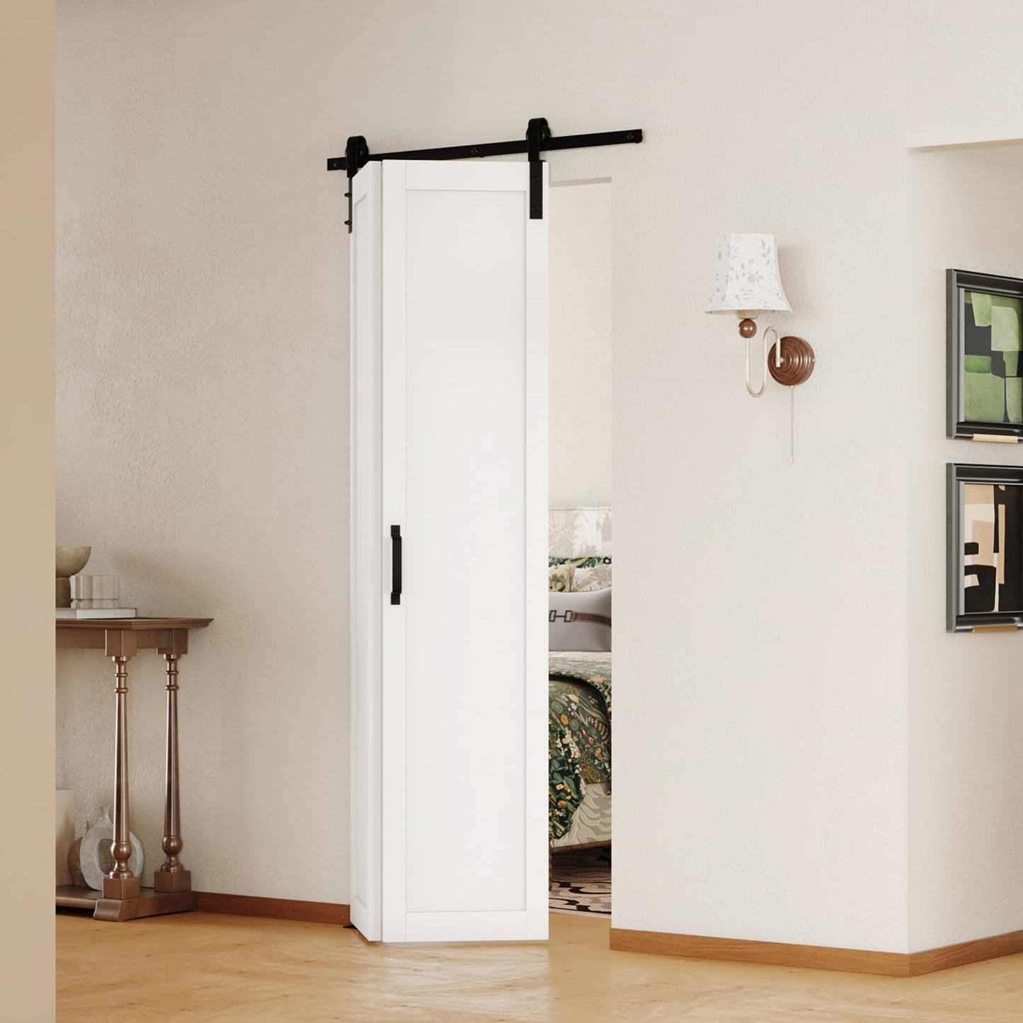 SOLRIG Bifold Barn Door, 1-Panel Sliding Barn Door for 30"（15" x2） x 84" Openings, Interior Folding Door with Sliding Hardware Kit Set, Finished Closet Door Slab, 2.83FT Track for 2 Doors, MDF, White