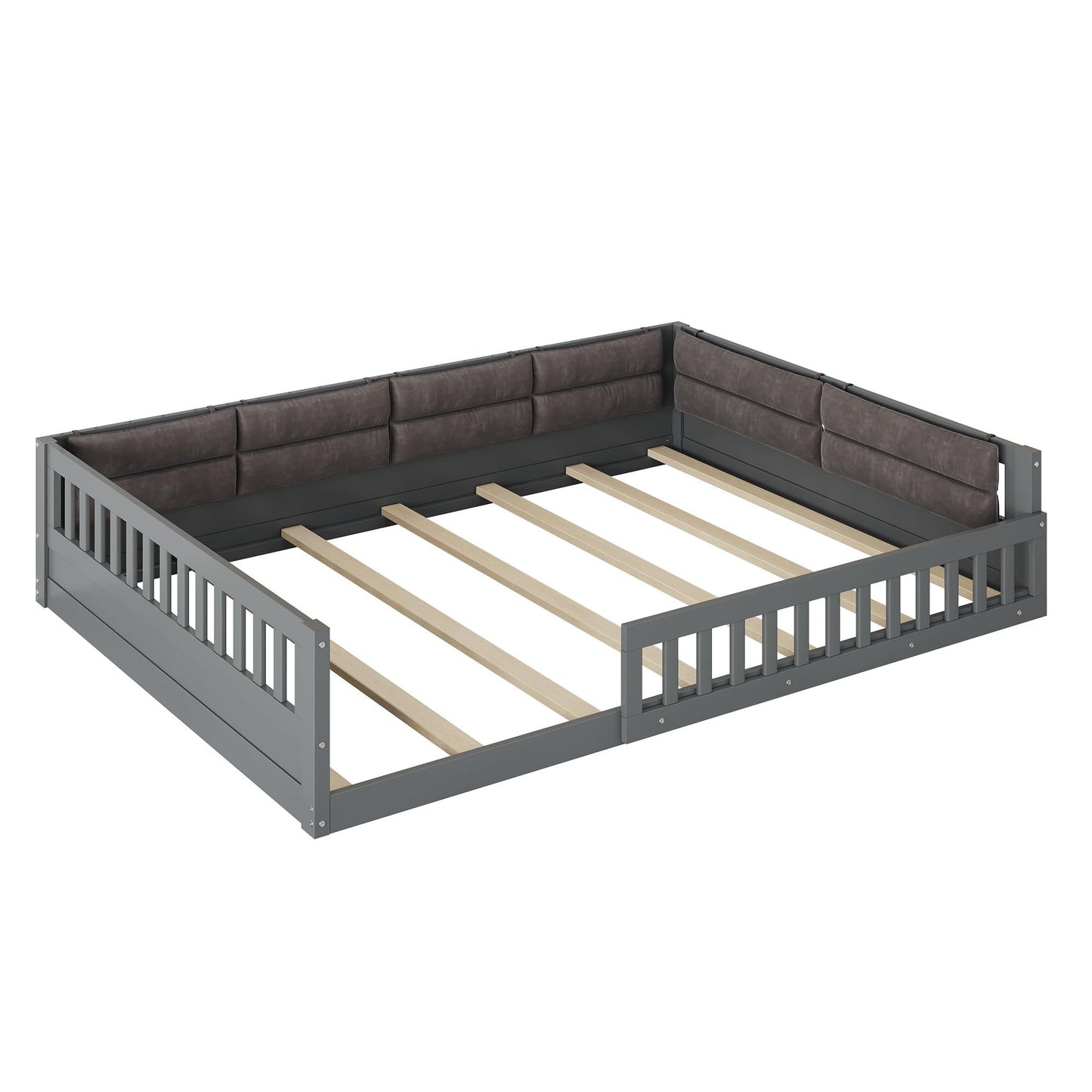 Merax Full Size Upholstered Platform Bed with Guardrail & Pillow, Solid Pine Wood Bed Frame, No Box Spring Needed, 600 lbs Capacity Safety Guaranteed Easy to Assemble for Bedroom, Gray