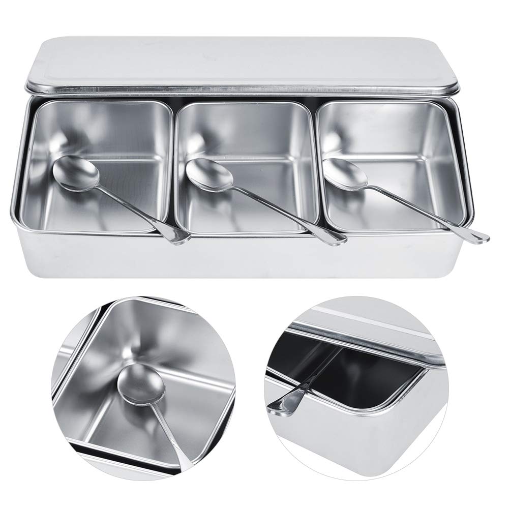 Hapivida Stainless Steel Seasoning Box, 3 Compartment Dispenser Container with Lid Food Serving Display Container Serving Tray Large Capacity Kitchen Condiment Storage Silver