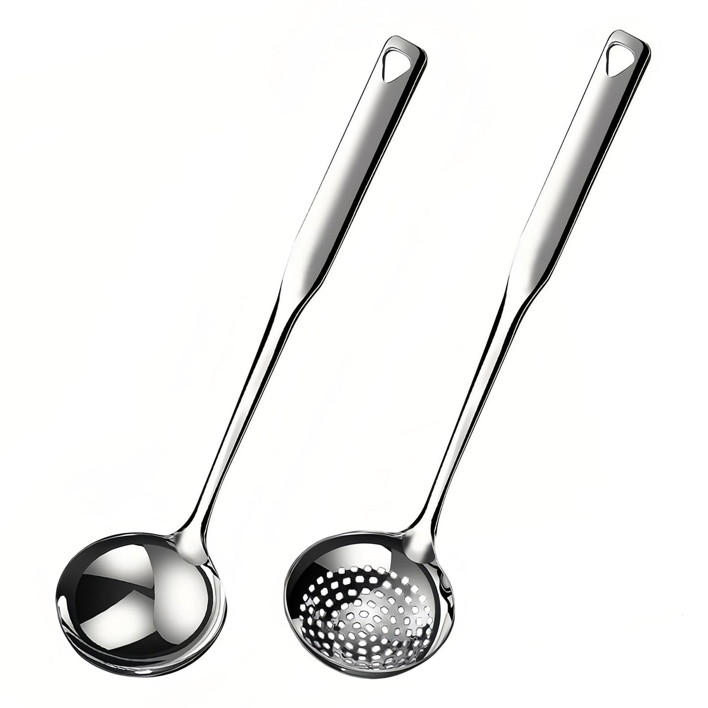 Hvanam Soup Ladle 18/10 Stainless Steel and Slotted Spoons with Holes 2 Pack Set,316 Metal Heavy Duty Deep Spoon Gravy Punch Ladles for Serving Soup,Gravy,Draining,Kitchen Cooking,Hot Pot(11.8inchs)