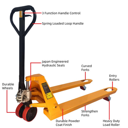 Ezmhbro Easy-to-Maintain Pallet Jack 27" x 48" Fork with Leak-Proof Pump, Silent PU Wheels for Garage, Retail & Warehouse