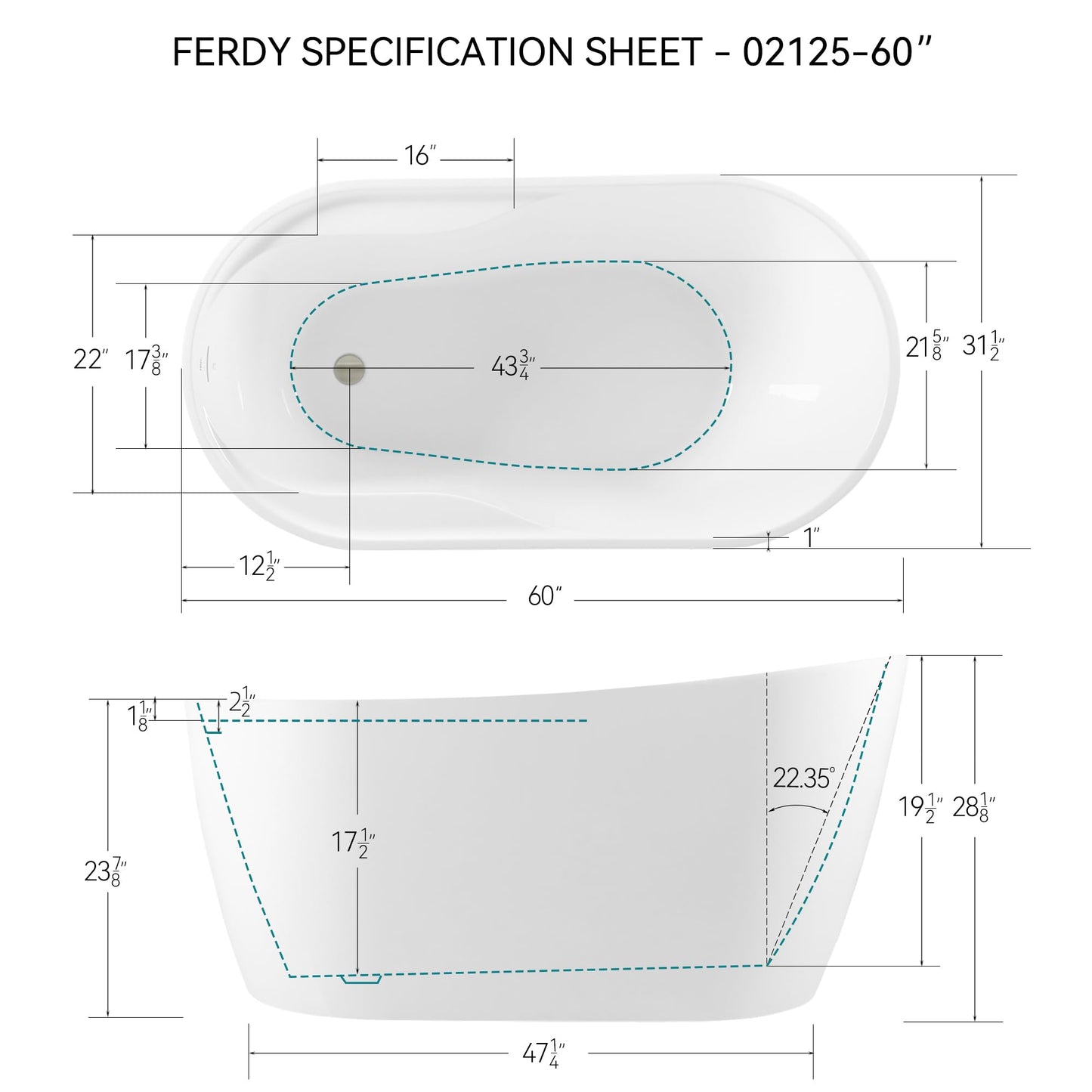 FerdY Lana'i 60" Freestanding Bathtub, Gracefully Shaped Freestanding Soaking tub, Glossy White, cUPC Certified, Brushed Nickel Drain Assembly