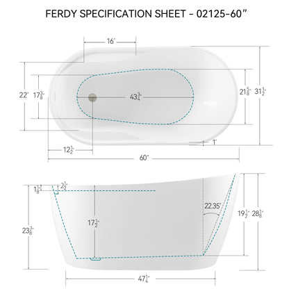 FerdY Lana'i 60" Freestanding Bathtub, Gracefully Shaped Freestanding Soaking tub, Glossy White, cUPC Certified, Brushed Nickel Drain Assembly