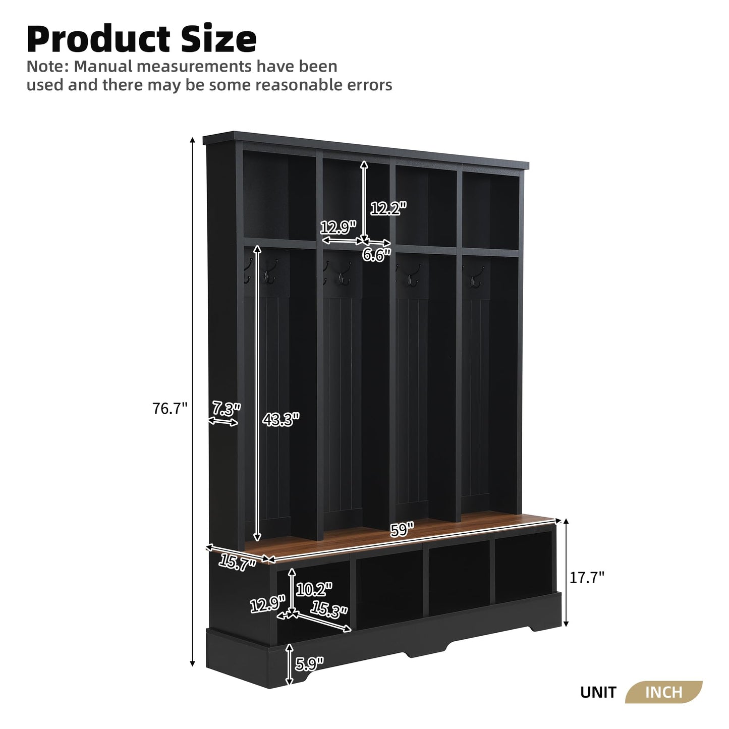 Merax Farmhouse Hall Tree with Bench and Shoe Storage, 59" Entryway Bench with Coat Rack, 3-in-1 Hall Tree with Top Compartments and 8 Hooks for Hallway, Living Room, Black