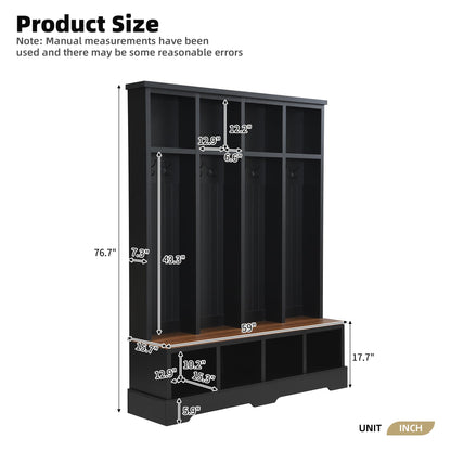 Merax Farmhouse Hall Tree with Bench and Shoe Storage, 59" Entryway Bench with Coat Rack, 3-in-1 Hall Tree with Top Compartments and 8 Hooks for Hallway, Living Room, Black
