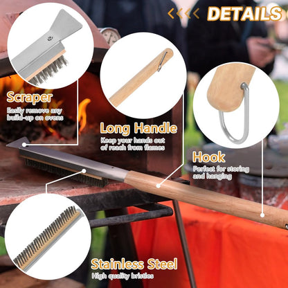 Aolso Pizza Oven Brush, 21" Brush and Stainless Steel Scraper for Pizza Stone, BBQ Grill Cleaning Brush Non Scratch Heat Proof Stainless Steel Bristles with Screwdriver for Pizza Oven Accessories