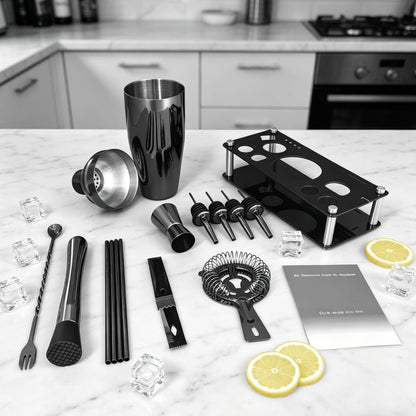 14-Piece Cocktail Shaker Set Bartender Kit with Black Stand, Bar Tool Set for Drink Mixing Bartending Kit Bar Sets Accessories: 750ml(25oz) Shaker, Jigger, Muddler, Cocktail Recipes (Black)