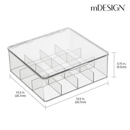 mDesign Plastic Kitchen Organiser — Practical Storage Box with 12 Compartments and Hinged Lid — Pantry Storage Box with Lid for Tea, Coffee, Spices and Other Foodstuffs — Clear