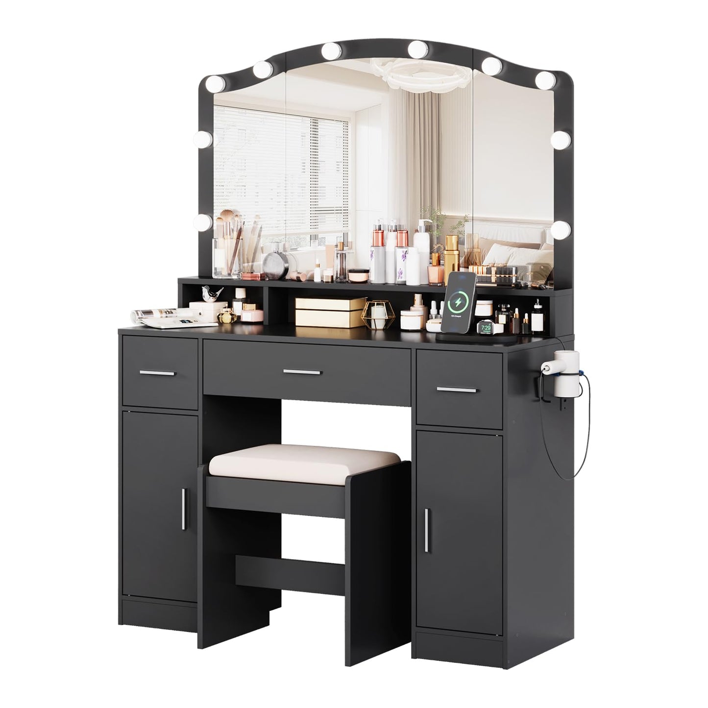 GarveeHome Makeup Vanity Desk with Mirror and Lights, Makeup Vanity Set with 3 Drawers, 2 Cabinets & Stool, Make Up Table with Power Outlet, for Bedroom, Dressing Room (Black)