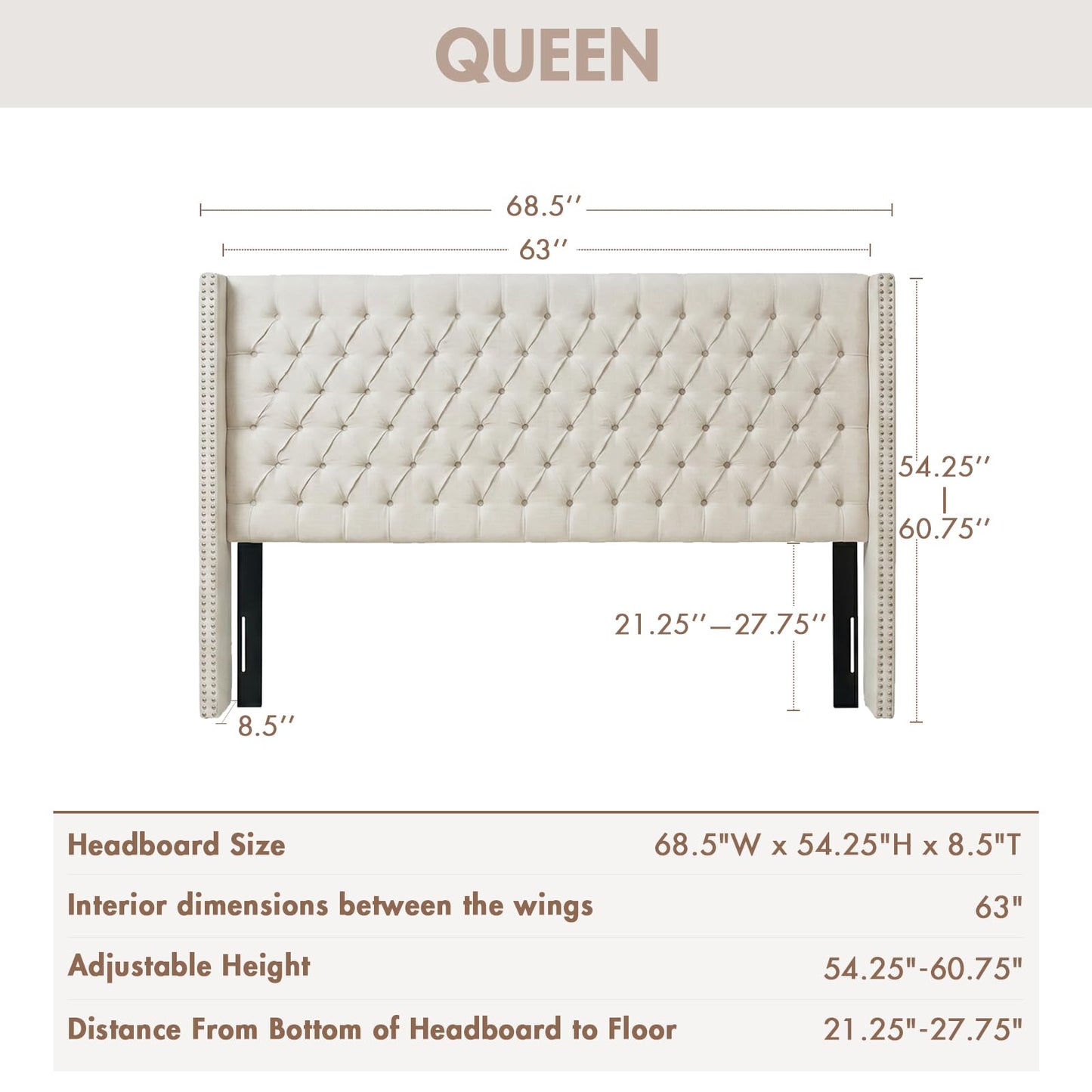Madison Park Amelia Upholstered Headboard | Nail Head Trim Wingback Button Tufted | Queen, Cream
