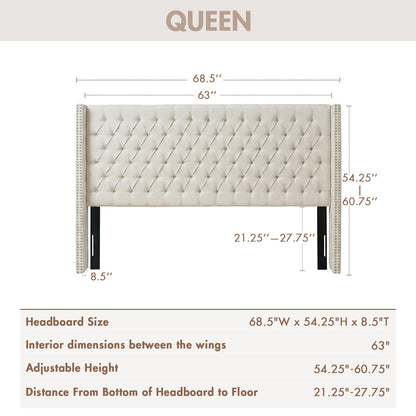 Madison Park Amelia Upholstered Headboard | Nail Head Trim Wingback Button Tufted | Queen, Cream