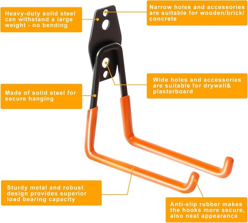 KURUI Heavy Duty Wall Hook - Versatile Tool & Hose Holder | 2 Pack Metal Garage Organizer