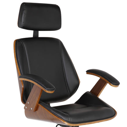 Armen Living Century Office Chair in Black Faux Leather and Walnut Wood, Chrome Finish